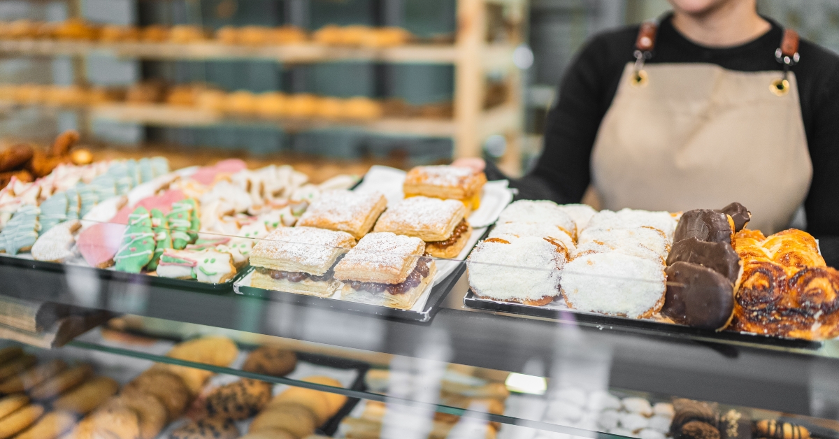 pastries in bakery display case