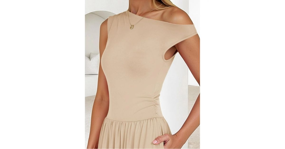 one shoulder pleated maxi dress