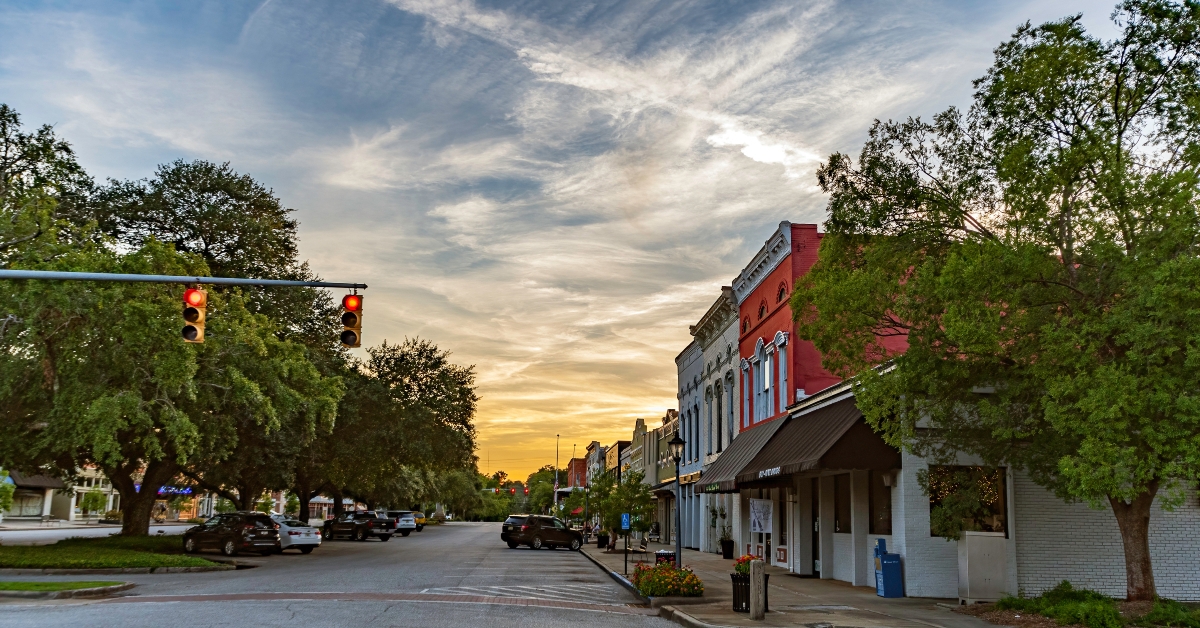 downtown eufaula at sunset 