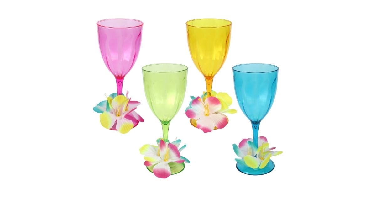 plastic luau wine goblet with decorative flower