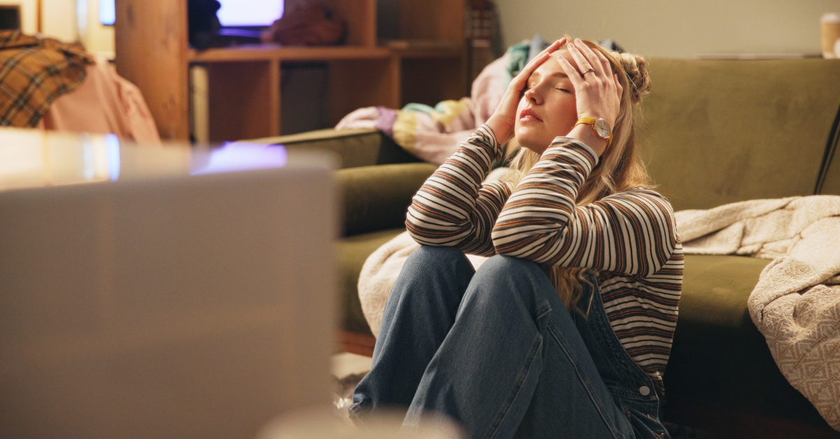 Woman, stress and moving on floor