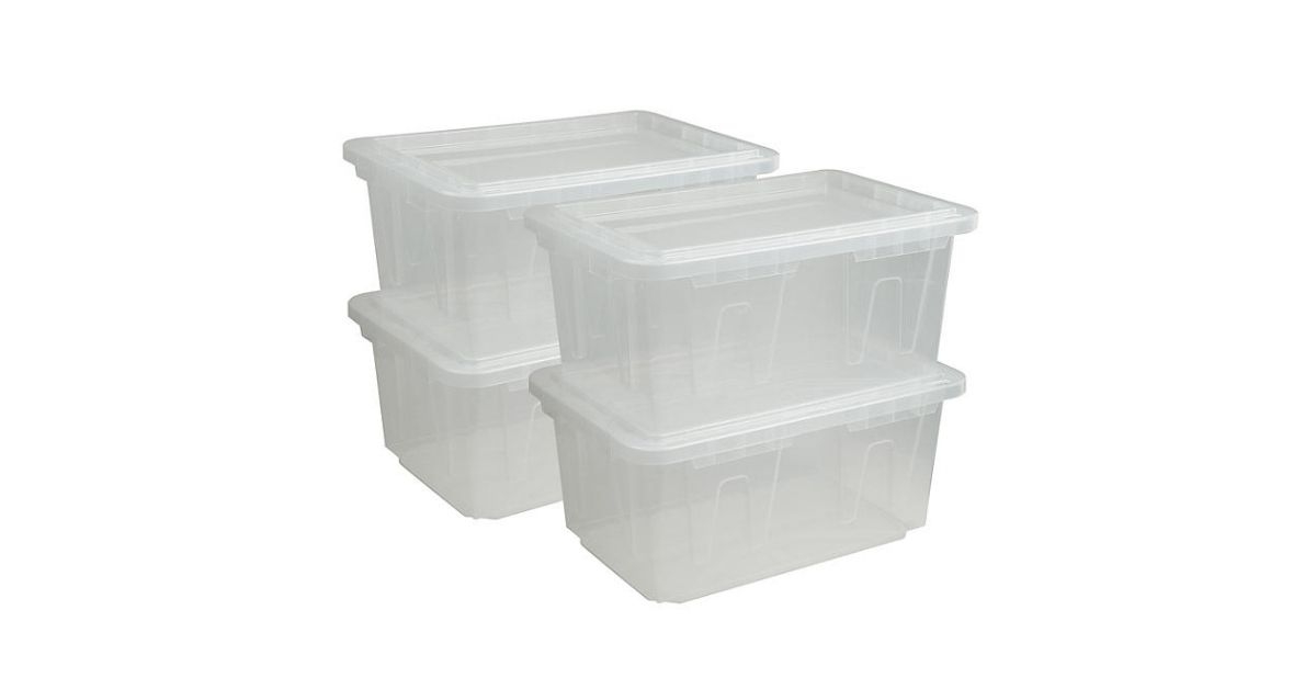 a pile of clear storage tote