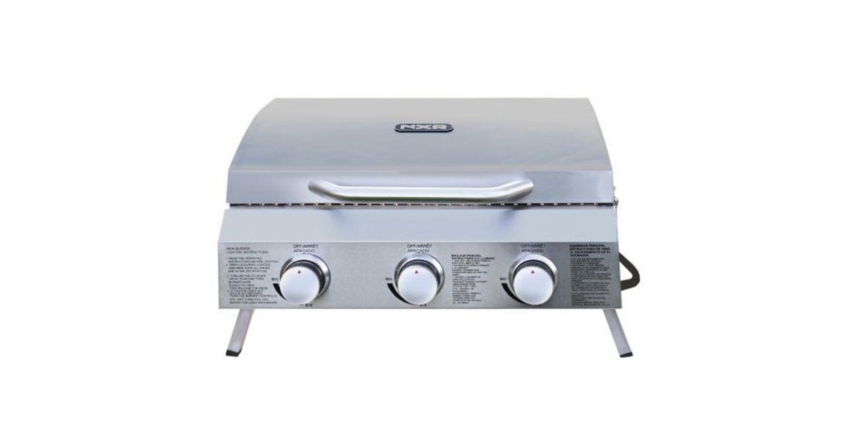 a silver portable gas grill