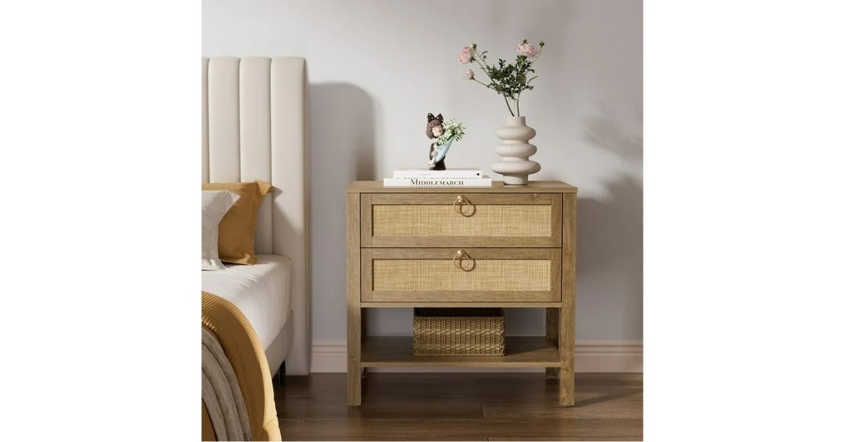 a boho-inspired rattan nightstand