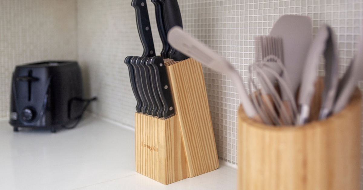 Knife set on counter with wood block