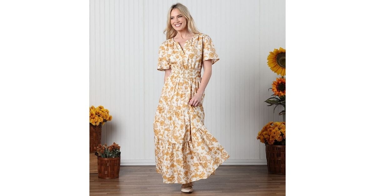yellow floral smocked waist maxi dress