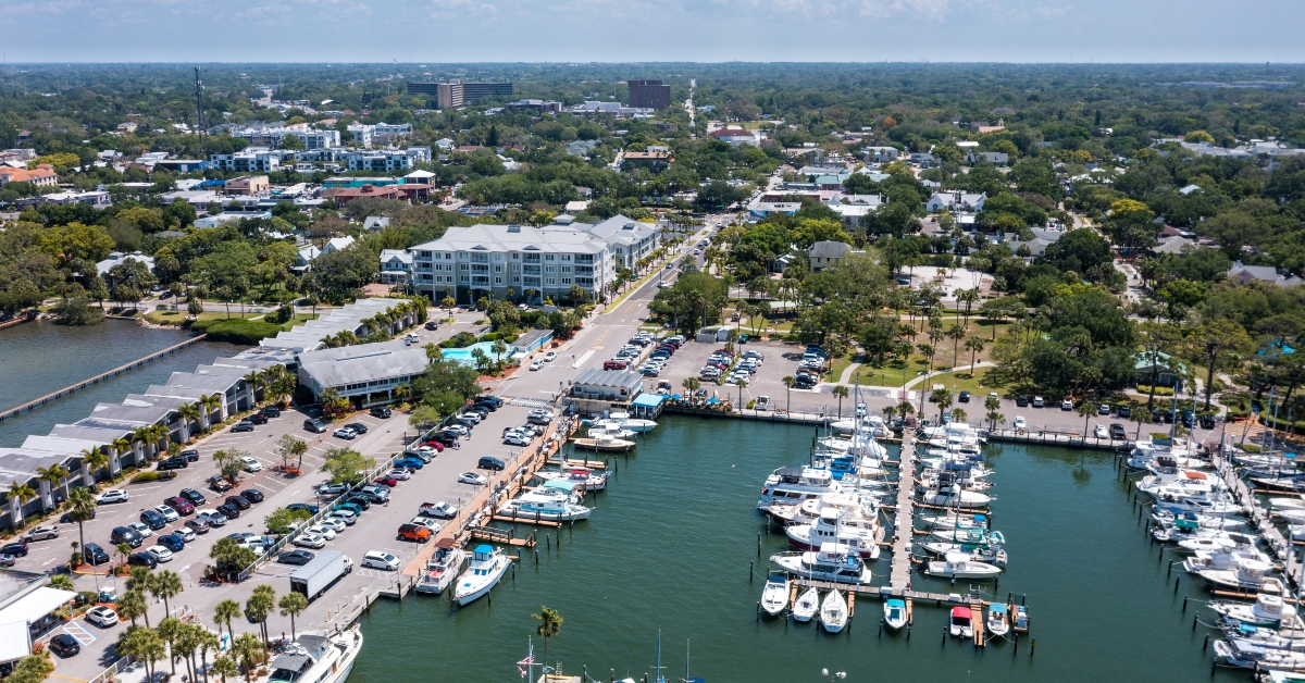 dunedin florida aerial view over marina 