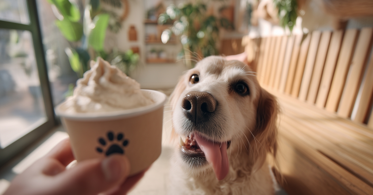 dog excitedly awaits and eats whipped cream treat