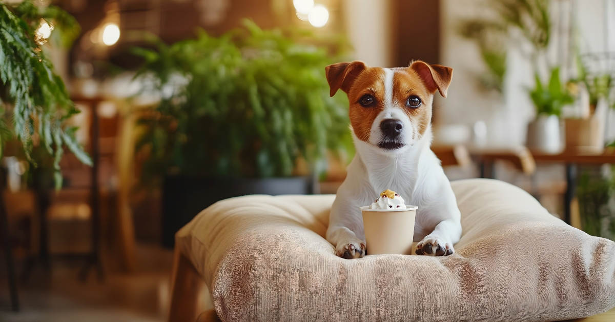 dog sits on a cozy plush bed