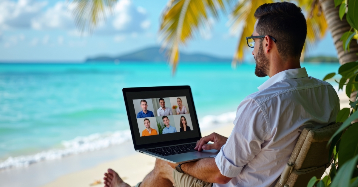 working remotely at a tropical beach