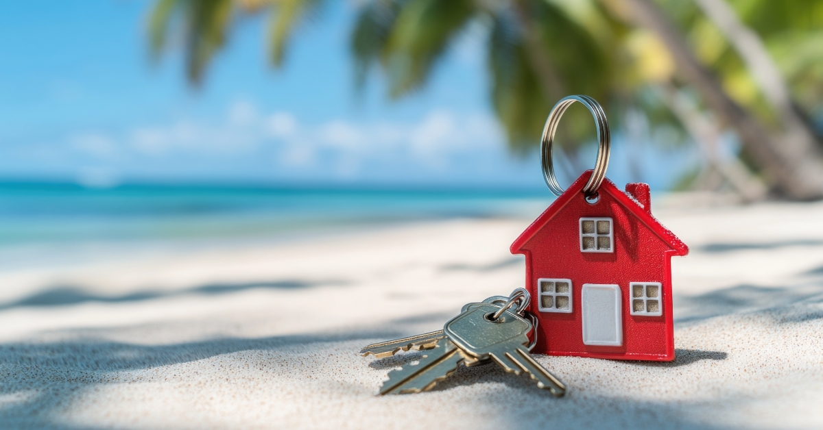 red house keychain on a sandy beach