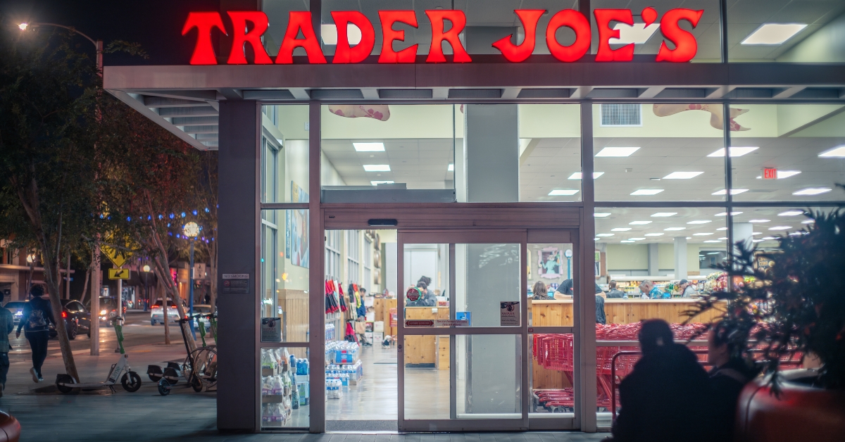 Trader Joe's store logo outdoor at night.