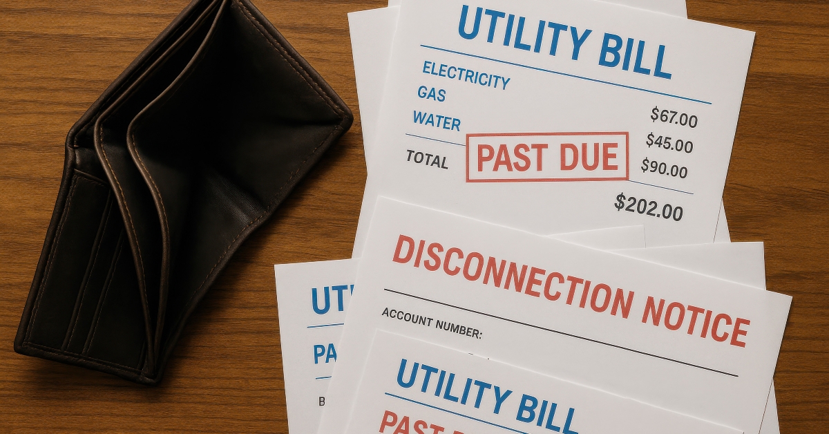 utility bills with empty wallet on table