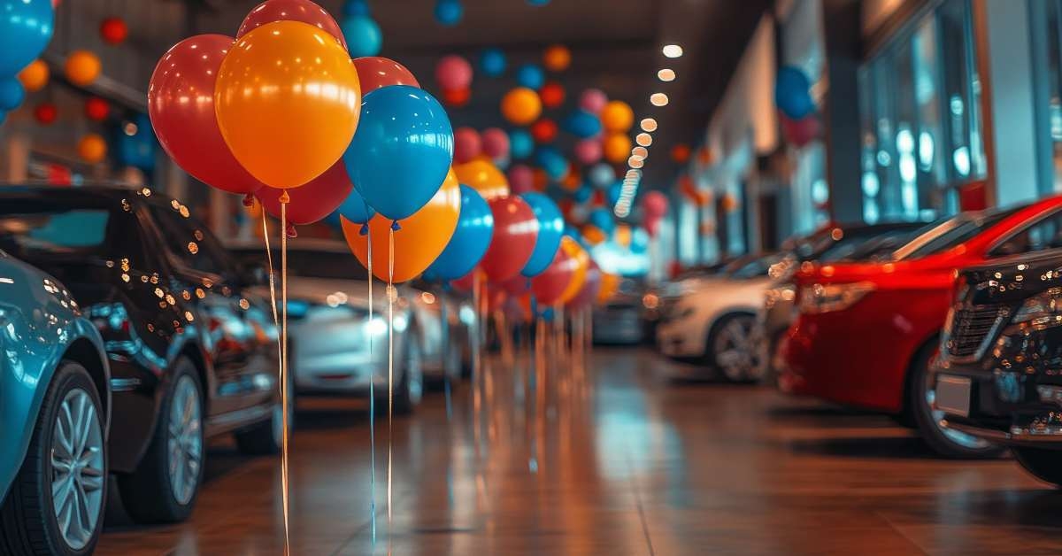 car dealership with a bunch of balloons