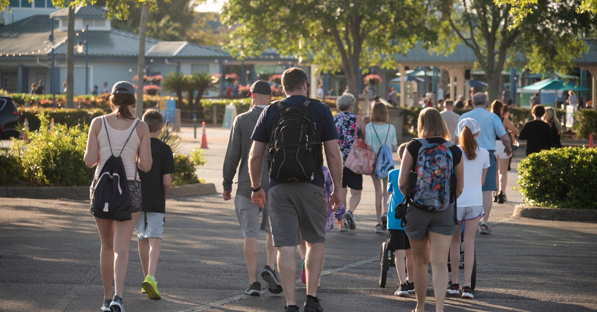 people walk towards an amusement park 