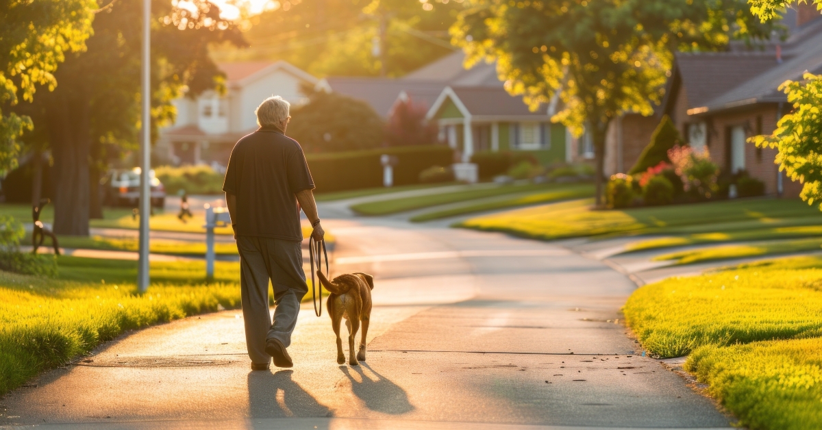 senior man walking with his dog