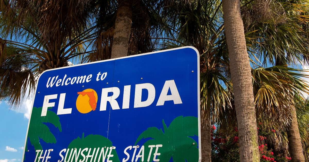 welcome to florida sign with palm trees 