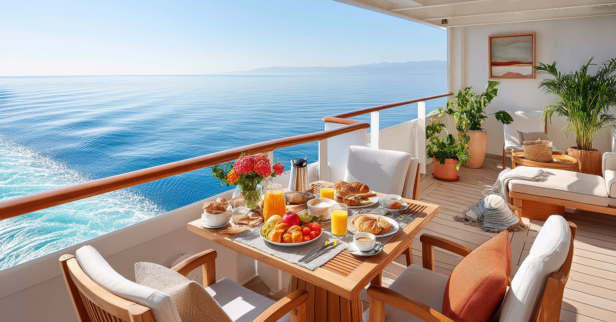 luxurious breakfast setup on a scenic cruise ship