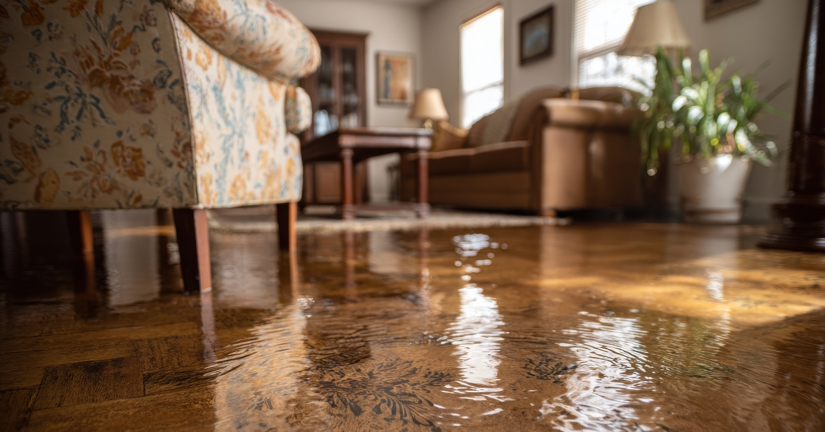 flooded living room floor from a water leak