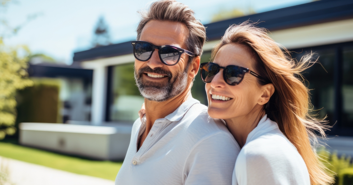 40 year old couple is having fun in front of their modern house