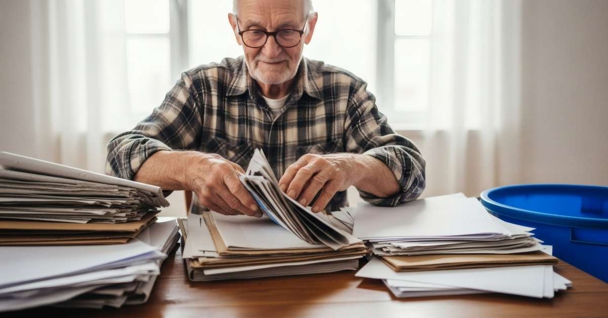 man sorts through stacks of papers