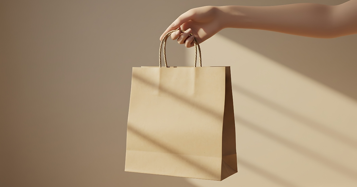 holding a simple kraft paper shopping bag