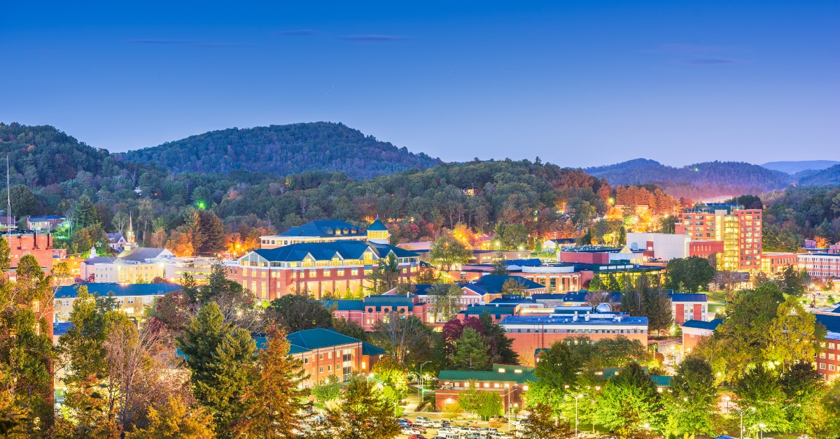 North Carolina, USA campus and town skyline