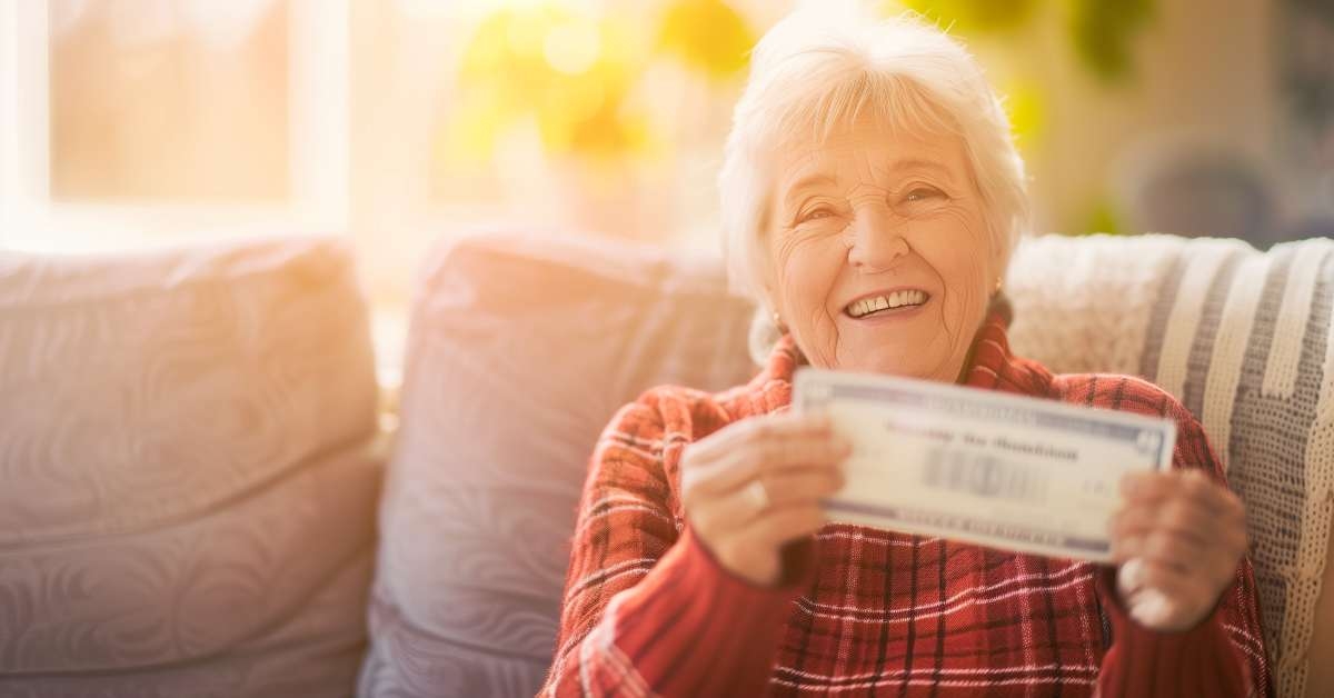 smiling with relief in cozy home setting