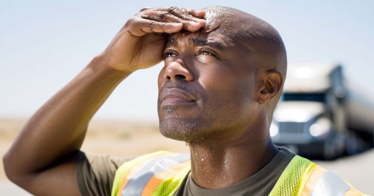 sweaty worker looking up