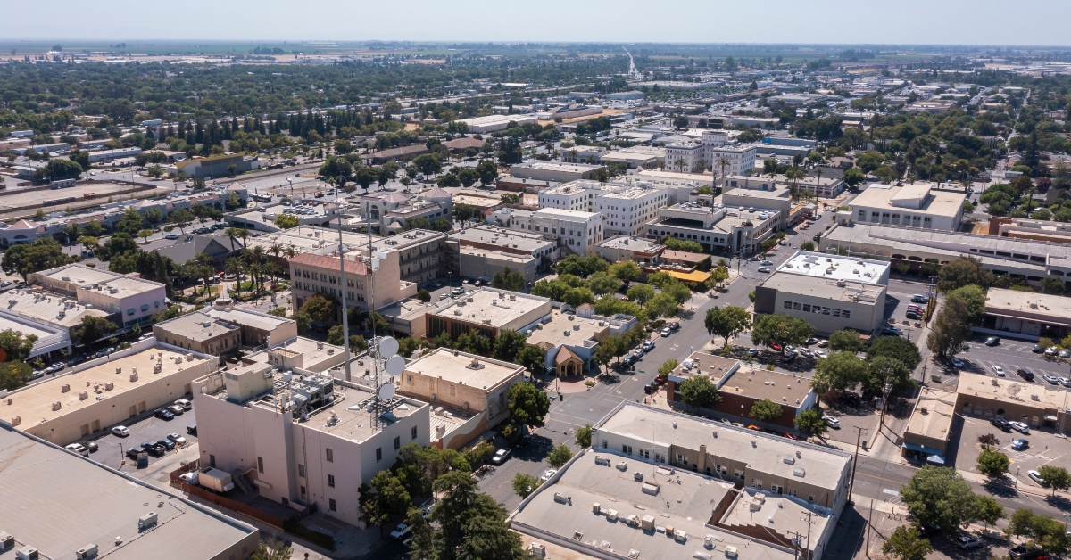 aerial view of downtown merced california