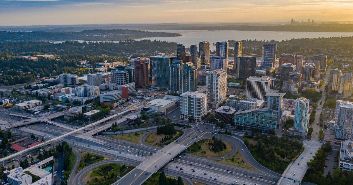 drone shot of the city of bellevue