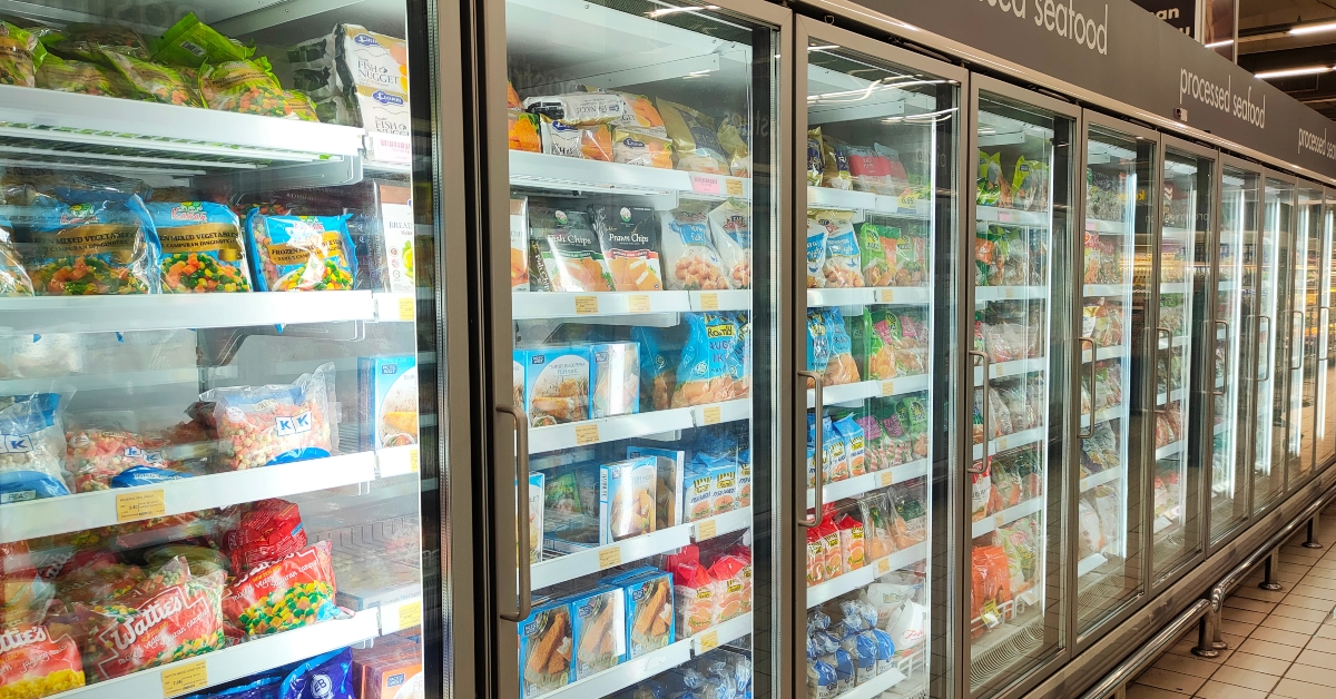 pastries and frozen food in a chiller