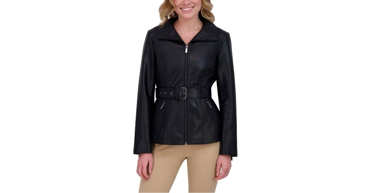 womens belted faux leather jacket