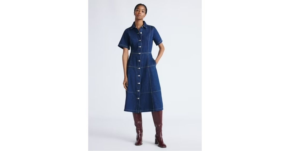 womens button front cotton midi dress