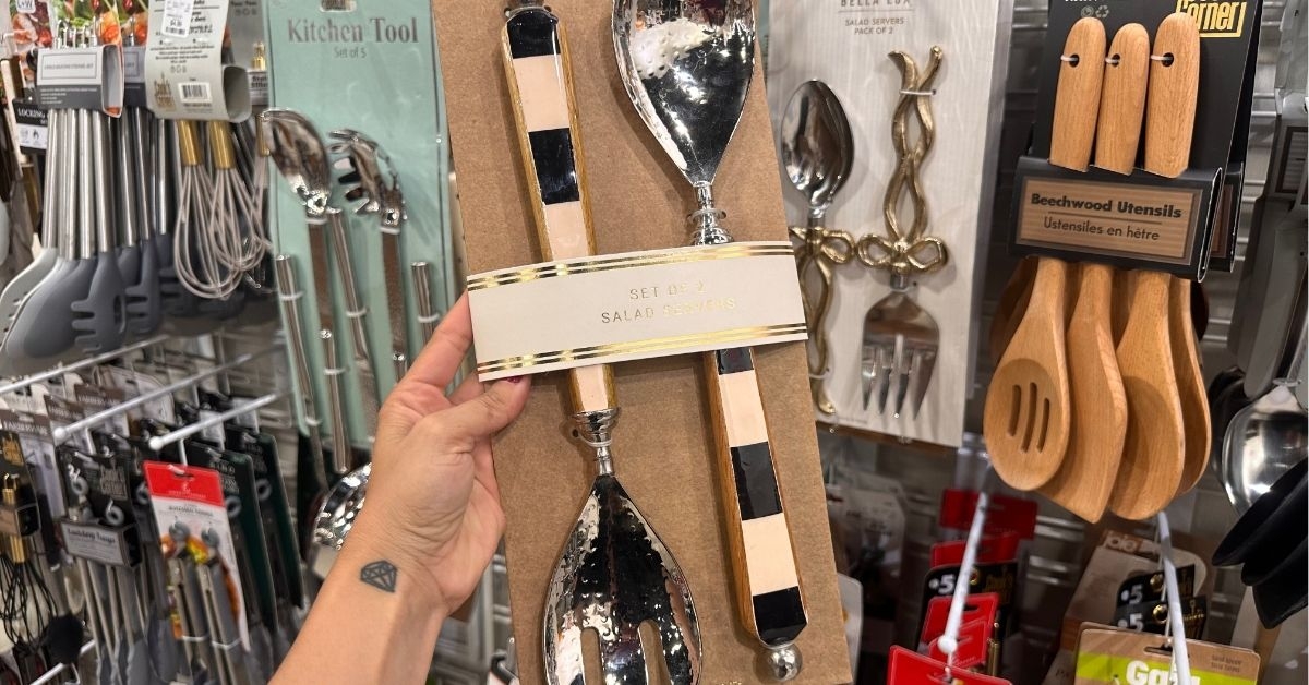black and white salad server set