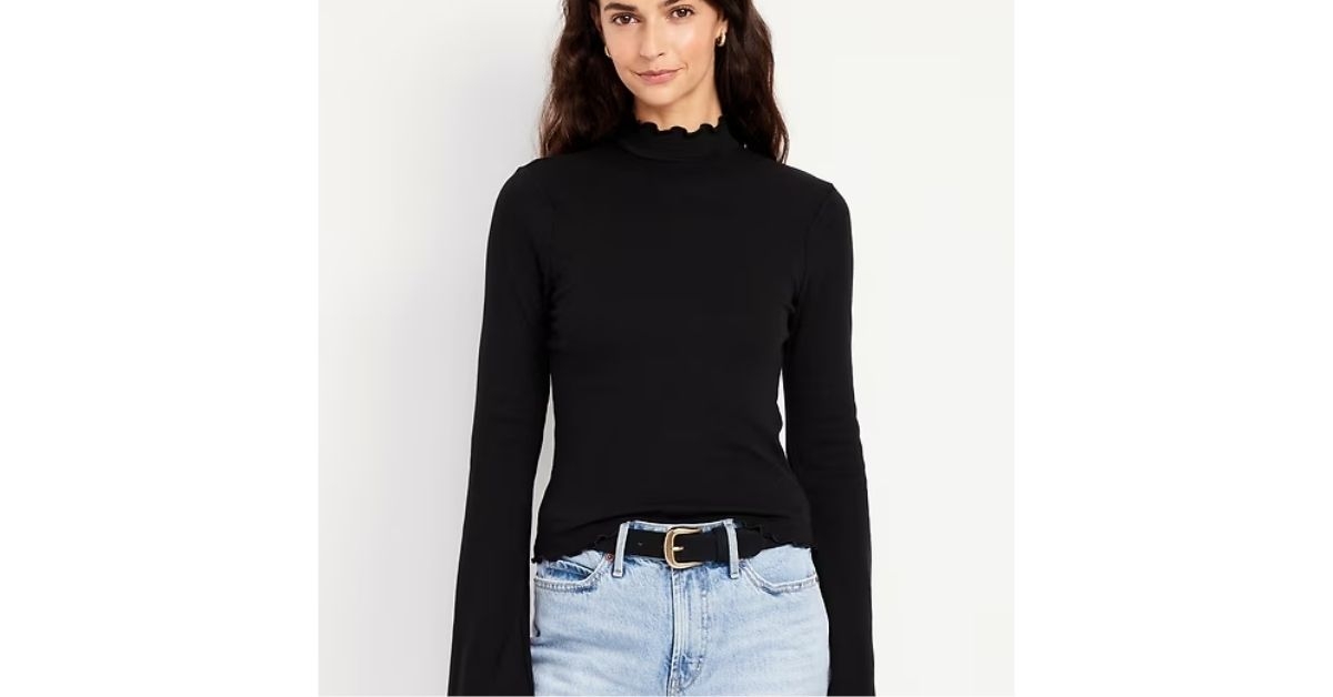 mock neck lettuce edge rib top