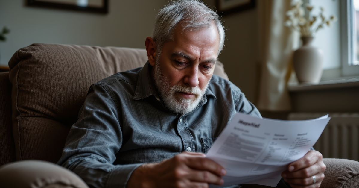 man staring at a hospital bill while sitting alone