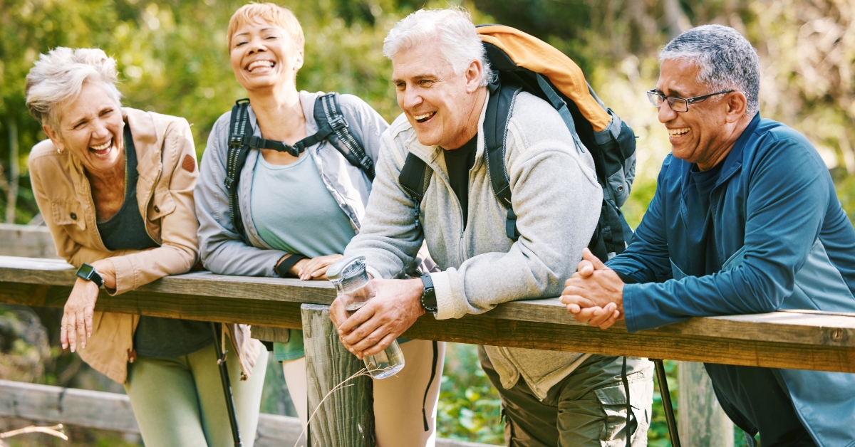 hiker group relax on bridge while trekking in nature