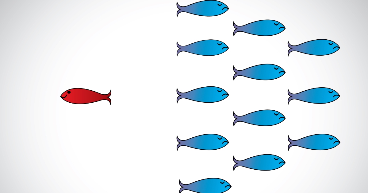 happy fish going against group