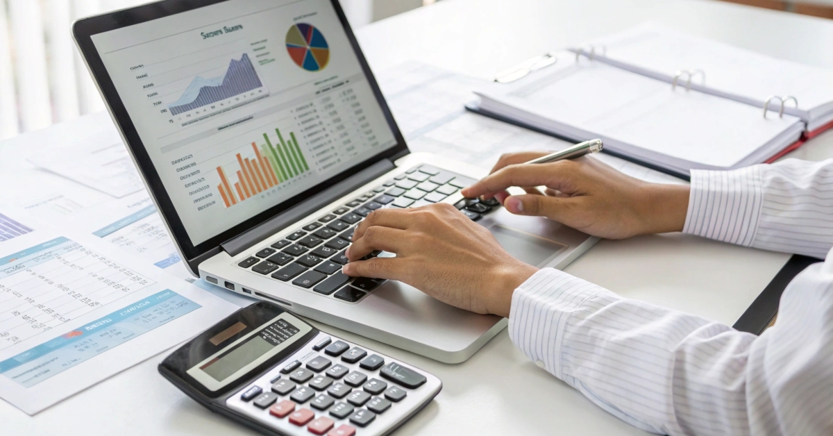 businessman using laptop and calculator while working