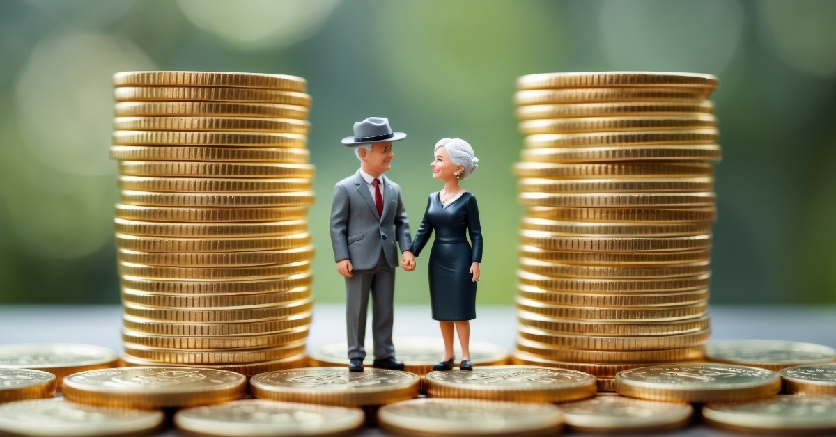couple stands amidst stacks of coins