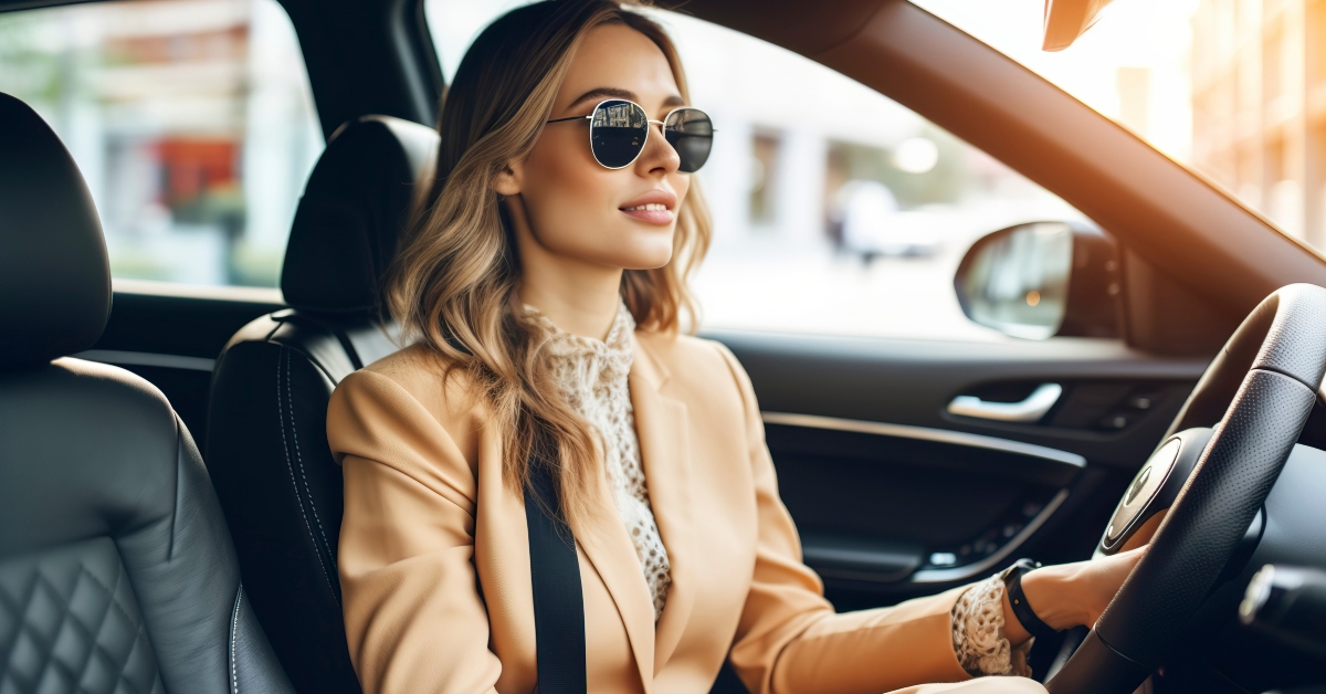 empowered and wealthy woman drives a luxury car