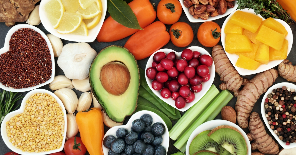 Health food for fitness concept with fruits and vegetables