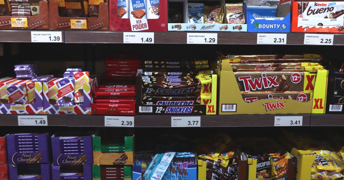 chocolates and candy bars in a supermarket