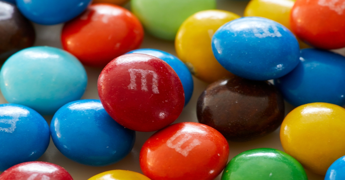 Closeup of colorful M&M candy stacked up