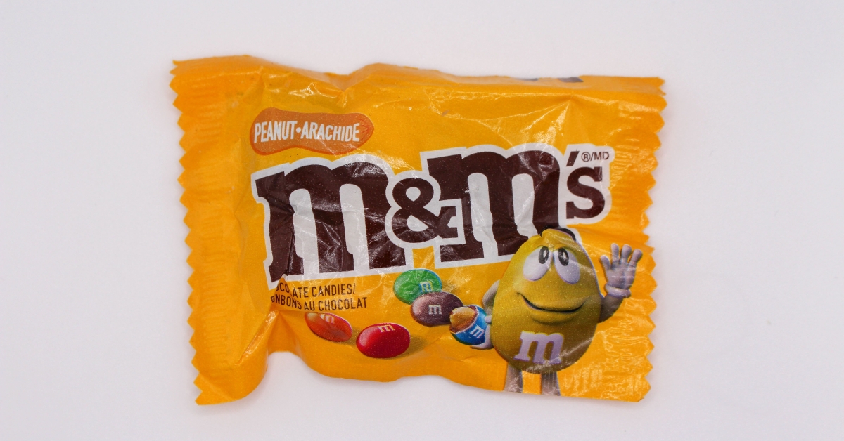 Closeup shot of a mini pack of peanut M&Ms