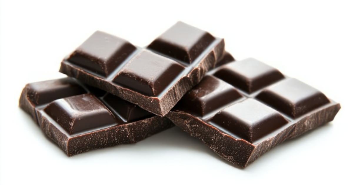 A sleek bar of dark chocolate with distinct squares
