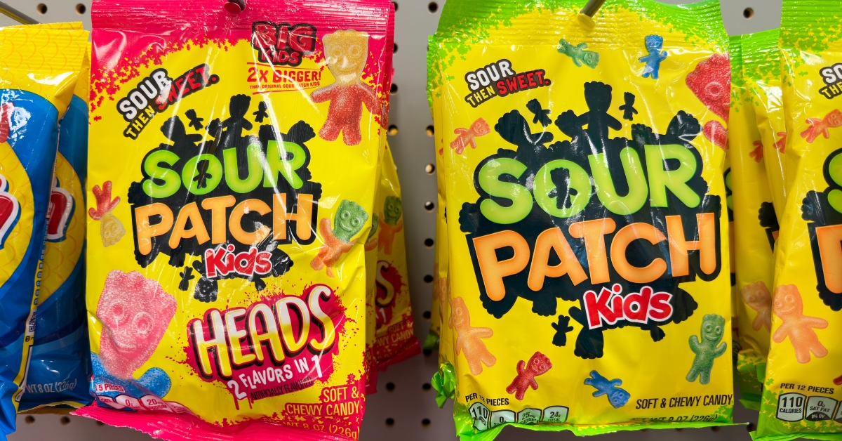 Big bags of Sour Patch kids chewy candy on display