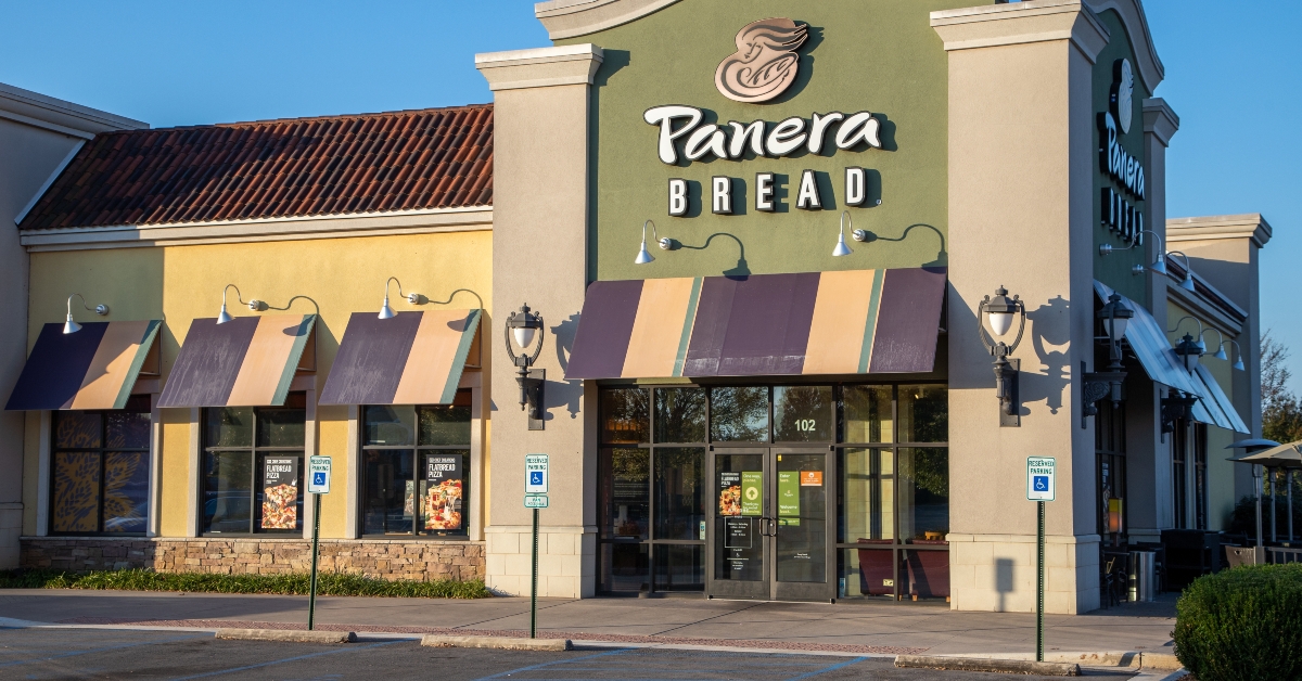 General view of the Panera Bread sign under blue skies