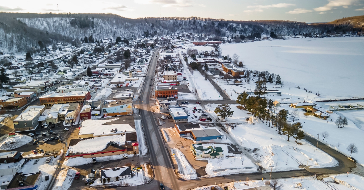 Aerial view of Munising city
